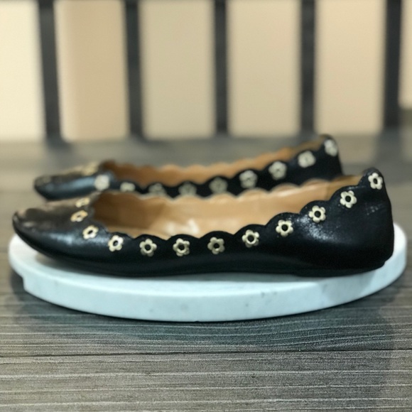 Black Leather Metal Floral Studs Chic Ballet Flats - Picture 4 of 8